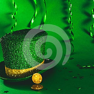 St Patricks Day celebration party image with leprechaun hat and gold coins