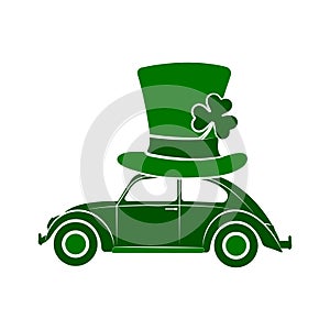 St Patricks day classic car with big hat on top, saint patrick day parade symbol, volkswagen beetle vector illustration