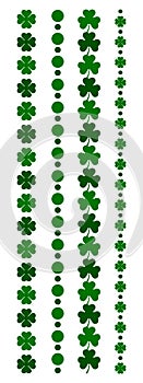 St Patricks day clover leaf border line, set of green shamrock dividers, vertical decorative vector elements