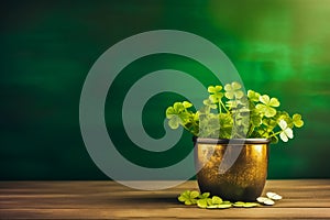 St. Patricks Day Clover Plant in Pot on Wooden Table Against Blurred Green Background