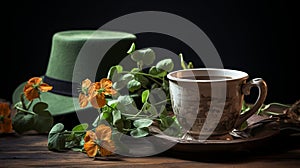 St. Patricks Day Composition with Flowers,a cup of herbal tea and Green Top Hat on Wooden Background