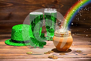 St Patricks day concept with glasses of green beer, shamrock, le