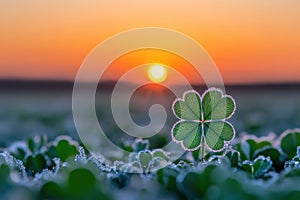 st patricks day four leaf clover close up with evening sunset in background,