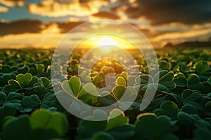 st patricks day four leaf clover close up with evening sunset in background,