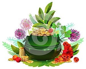 St patricks day full pot gold coin clover flower leaf