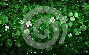 St Patricks Day glitter background. Sparkling banner template, green four-leaf clover shaped decorations texture. Party posters