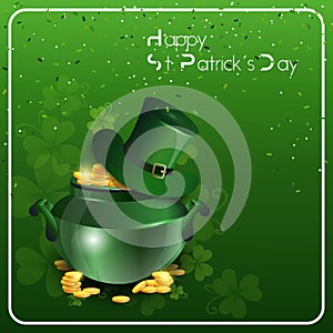 St. Patricks Day Greeting Card With Leprechaun Pot With Gold On Green Background