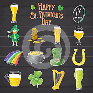 St Patricks Day hand drawn doodle icons set, with leprechaun, pot of gold coins, rainbow, beer, four leef clover, horseshoe, celti