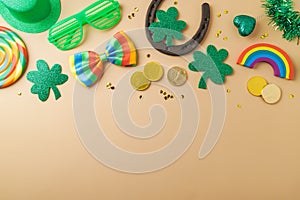 St Patricks day holiday background with lucky charms, shamrock and rainbow. Top view, flat lay