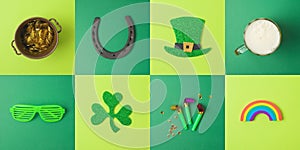 St Patricks day holiday concept with lucky charms, shamrock and beer glass on green background