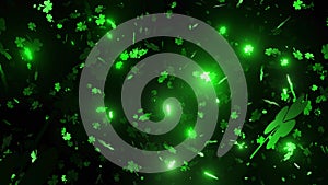 St Patricks Day Ireland Green Falling Shiny Shamrocks 4K Animation Seamless Loop Lights Background