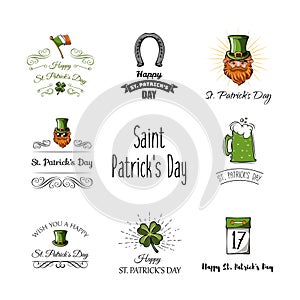 St Patricks day labels set. Calendar, clover, leprechaun, four leafy, Ireland, green, beard horseshoe flag beer ale Saint Patrick