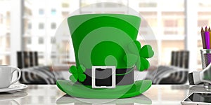 St Patricks Day leprechaun hat with four leaf clover on office blur background. 3d illustration