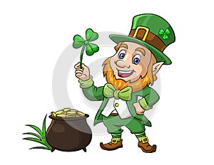 St. Patricks Day leprechaun standing next to a pot of gold