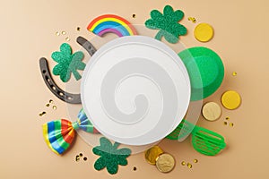 St Patricks day party background with lucky charms, shamrock and rainbow. Flat lay composition with copy space