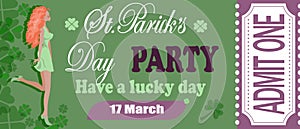 St Patricks Day party ticket vector templates of Irish pub religious holiday celebration. Admit one coupons with shamrock