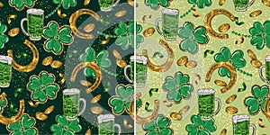 St Patricks day pattern with clover horseshoe coin