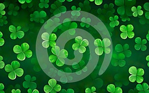 St Patricks Day Poster. Lucky green four leaf clover pattern background. Banner template, botanical texture on green surface.