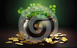 St Patricks Day poster. Pot of gold with green shamrocks. Bunch of golden coins on the wooden table surface, money scattered.