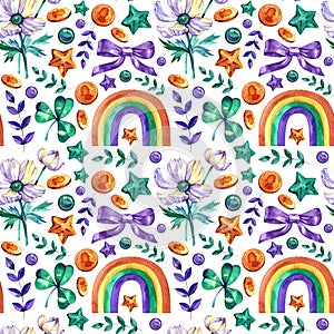St. Patricks Day Seamless Pattern on a green background: clover, coins, rainbow. Hand drawn watercolor illustration. For