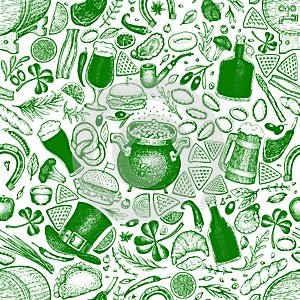 St. Patricks day seamless pattern. Vector hand drawn illustrations leprechaun hat, clover, beer mug, barrel, golden coin pot, food