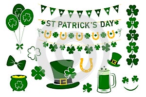 St. Patricks day set, design elements for party, sales, photo, pot, bow, horseshoe, pennant, garland, beer, clover, hat