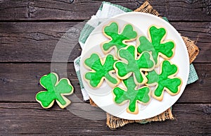 St Patricks Day shamrock cookies. Above view table scene.