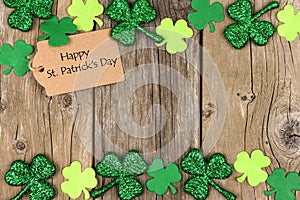St Patricks Day tag with shramrock double border over wood