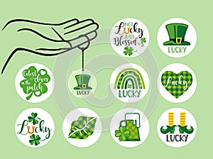 St. Patricks Day vector design elements set. Templates for round keychain
