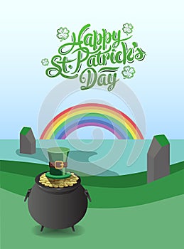 St patricks day vector with pot of gold and rainbow