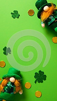 St. Patricks Day vertical card desgin with leprechauns, shamrock and gold coins