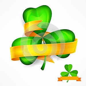 St Patricks green clover leaves with ribbon on white. Vector illustration.