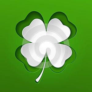 St Patricks white lucky clover leaf on green. Vector illustration.
