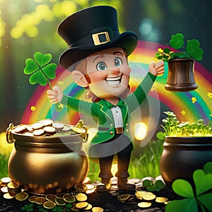 St. Patty\'s Day Leprechaun with rainbow and pot of gold