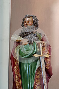 St Paul the Apostle, statue on the main altar in the church of Holy Trinity in Barilovicki Cerovac, Croatia