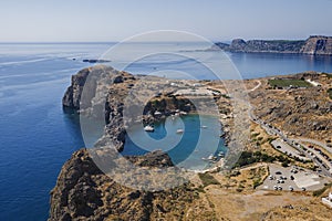 St Paul`s Bay, overview of from the Acropolis of Lindos, Rhodes