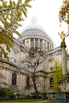 St. Paul`s Cathedral dome London Great Britain in mist Autumn