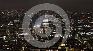 St. Paul`s Cathedral dome London Great Britain at night aerial view