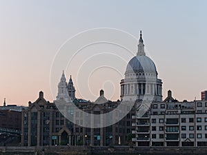 St Paul`s Cathedral at dusk, seen from the South Bank of the River Thames.