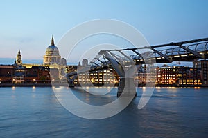 St Paul's Cathedral and Millennium bridge in London at night