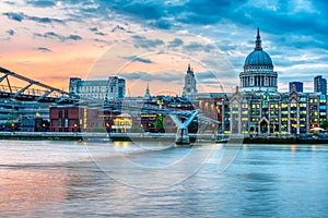 St. Paul`s Cathedral and the Millennium Bridge in London