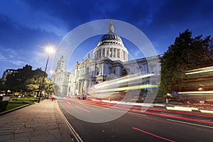 St Paul's Cathedral and moving Double Decker bus, London