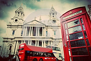 St Paul's Cathedral, red bus, phone booth. London