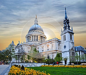 St. Paul`s Cathedral at sunset, London, UK