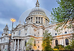 St. Paul`s Cathedral at sunset, London, UK