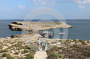 St Pauls Island, path to landing and boats, Malta