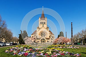 St. Paulus Church with colorful meadow in Basel