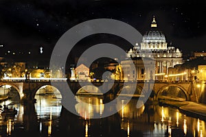 St. Peter basilica and Tiber river at night