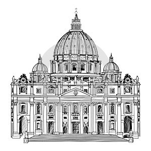 St. Peter Cathedral, Rome, Italy. Famous landmark. Travel label.