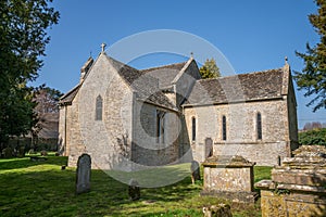 St Peter`s 12th Century Saxon church in the village of Southrop, The Cotswolds, England, UK